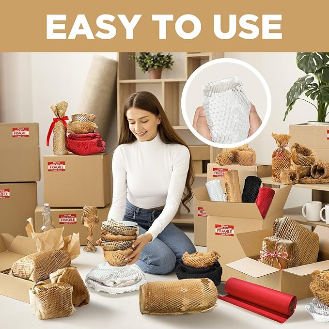 Honeycomb Packing Paper, 12"x50' White | Perforated Honeycomb Packing Paper Recyclable Moving Supplies for Shipping & Moving | Plastic-Free Alternative to Bubble Cushion Wrap with 36 Fragile Stickers