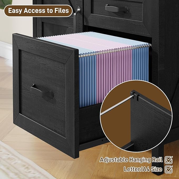 Lateral File Cabinet with 3 Drawers, Farmhouse File Cabinet for Letter/A4 Size Hanging Files, Large Wood File Storage Cabinets Printer Stand for Home Office Furniture, Black