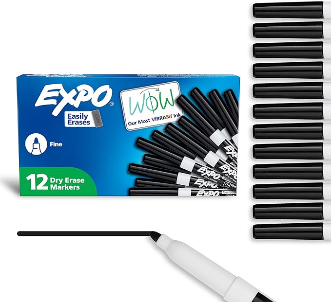 EXPO Low Odor Dry Erase Markers Fine Tip Black 12 Count