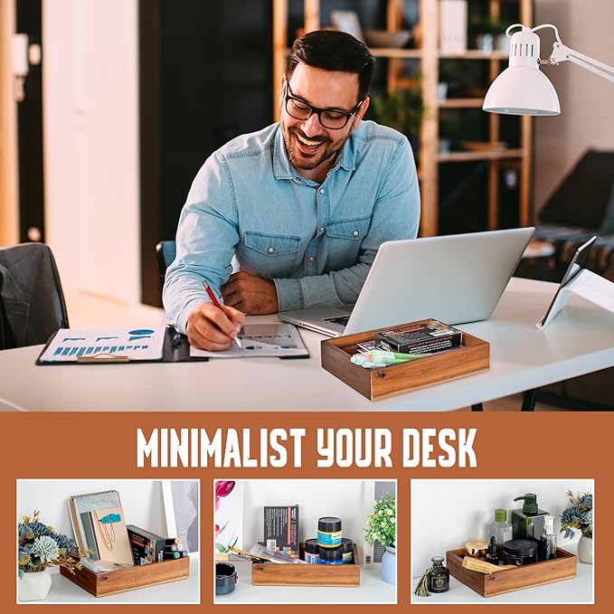 Demigo Acacia Wood Desk Organizer Tray - 9.5x6.7x2 Inch Letter & Stationery Holder for Office, Entryway, Desktop - Natural Wood Catchall for Pens, Mail, Keys