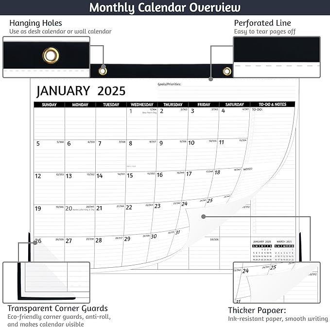 2025-2026 Desk Calendar – Jan 2025 – Jun 2026, 18 Monthly Calendar 2025-2026, Large Desk Calendar, 22'' x 17'', 2025 Desk/Wall Calendar with Desk Pad, To-do Lists, Ruled Blocks, Corner Protectors