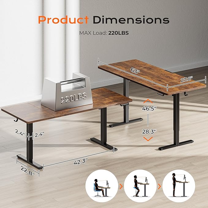 Huuger 63 x 28 Large Electric Standing Desk, Height Adjustable Computer Desk, 27.6" Deep Desktop, Stand up Gaming Office Table with 2 Hooks, 3 Preset Heights, for Home Office, Rustic Brown