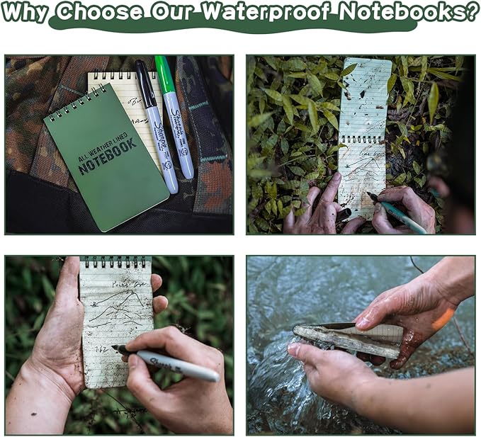 10 Pack Waterproof Notebook, All-Weather Pocket Sized Tactical Notepad, Top Spiral Memo Grid Paper Notepad for Outdoor Activities Recording(Army Green, 3"x5")