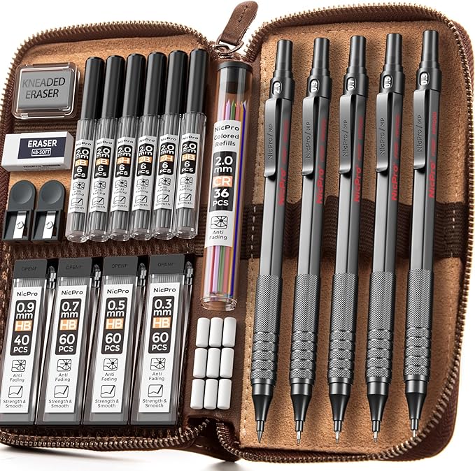 Nicpro 20PCS Black Metal Mechanical Pencil Set in Leather Case, Drafting Pencil 0.3, 0.5, 0.7, 0.9 mm & 2mm Lead Holders, 9 Tube (4B 2B HB 2H Colors) Lead Refills, Erasers For Art Sketching Drawing