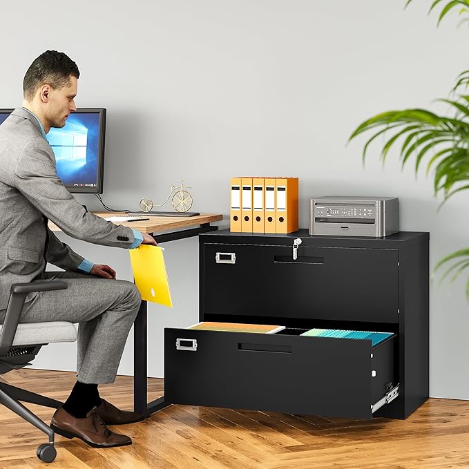 SISESOL 2 Drawer Lateral File Cabinet with Lock,Black Lateral Filing Cabinet,Horizontal Metal Filing Cabinet,Locked Wide Two Drawer File Cabinet for Office Home,Fit A4/F4/Letter/Legal File