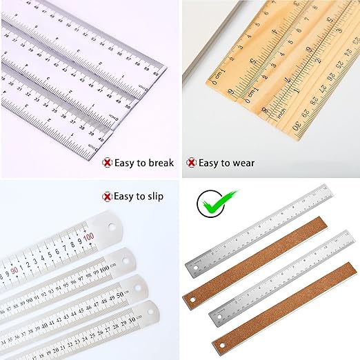 4Pcs 12 Inch Metal Ruler, Stainless Steel Rulers with Cork Backing, Imperial and Metric, Non-Slip Prevent Ink Leakage. for School, Office, Engineering, Drafting Tools