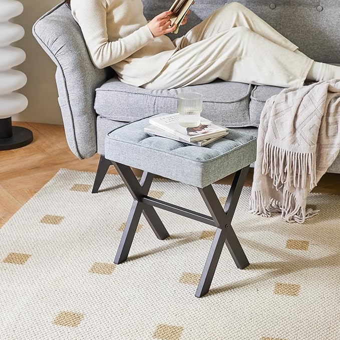 IBUYKE Square Makeup Stool with X-Leg Foot Rest, Linen Footrest, Ottoman Seat, Multi-Use as Small Side Table, for Bedroom, Living Room, Blue Gray LG-70L