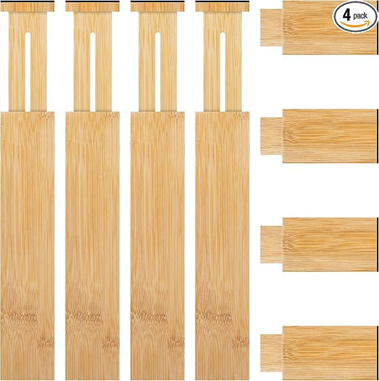 FJO 4 Pack Adjustable Bamboo Drawer Dividers - 12.5" - 21.7" Expandable Drawer Separators for Kitchen, Utensils, Clothes, Bedroom, Dresser, Bathroom (Beige)