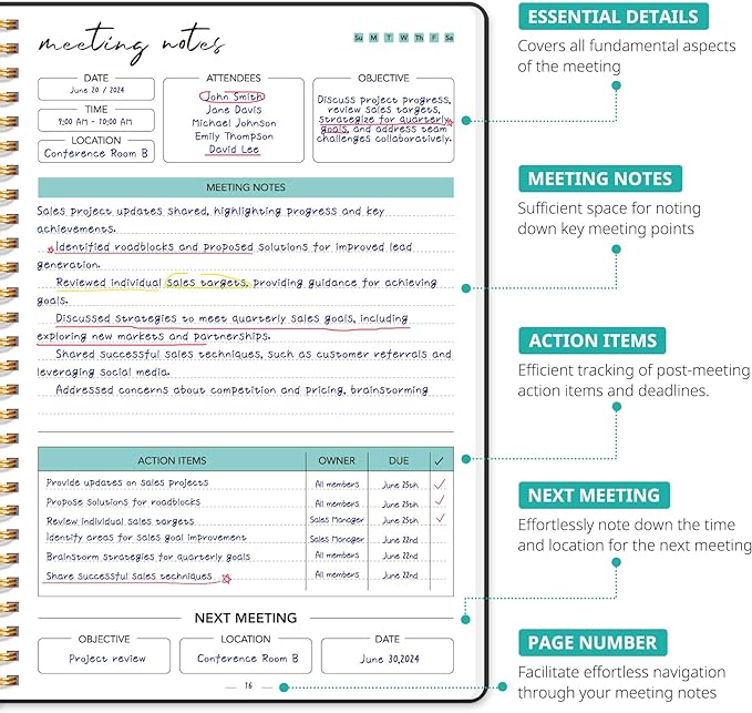 Taja Meeting Notebook for Work Organization - Work notebook with action items, Meeting Minutes Planner Notebook, Perfect Office Supplies for Men & Women - Black