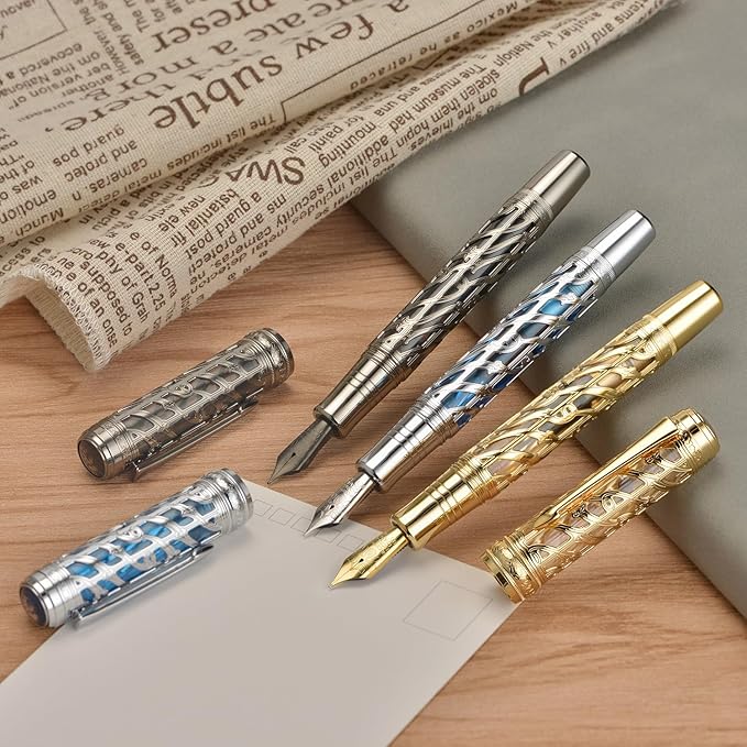 Hongdian A6 Piston Fountain Pen Fine Soft Nib, Jet Black Hollow Skeleton & Resin Pen with Metal Case Set
