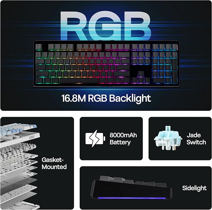 EPOMAKER TH108 Full Size Mechanical Keyboard, Wireless Gaming Keyboard, 8000mAh Battery, Creamy Gasket, 108 Keys, Hot Swap, Custom Driver, RGB Backlights (Black, Creamy Jade Switch)