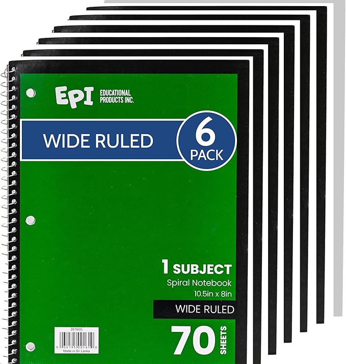 EPI Spiral Notebook | Wide - 70 Sheets, Durable Spiral Binding | 10.5 x 8 in | Classroom Supplies | School, Office, Note Taking, Journaling - 6 Pack