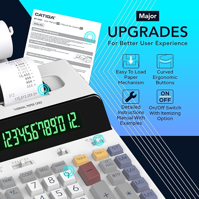 CATIGA 12 Digit Thermal Printing Calculator with Tape Print Out, Ink-Free Adding Machine, 3X Faster Quite at 8.0 LPS, Extra Large Fluorescent Display, Tax Calculation with Clock and Calendar, SP-2401