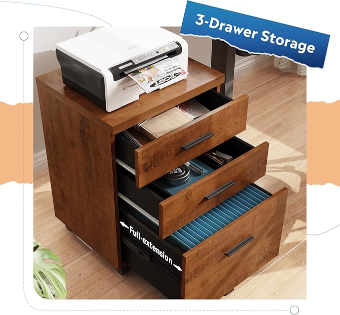 DEVAISE 3 Drawer File Cabinet for Home Office, Wood Under Desk Filing Cabinet, Rolling Printer Stand with Wheels, Walnut
