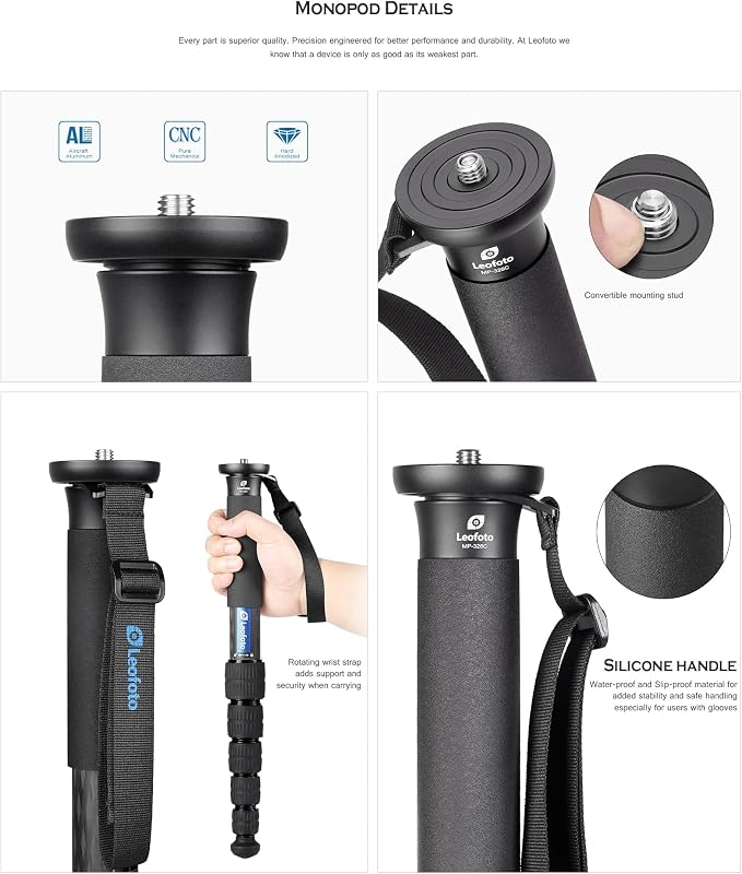Leofoto MP-364C+VH-10S Monopod and Tilt Head Set, Carbon Fiber, VH-10S Monopod - Image 5