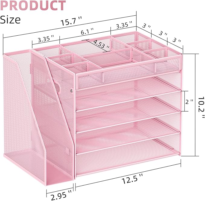 Marbrasse 5-Tier Desk Organizer with File Holder,Paper Letter Tray Organizer,Desktop File Organizer with Adjustable Compartments,Mesh Desk Organizers and Accessories for Office Supplies,Pink