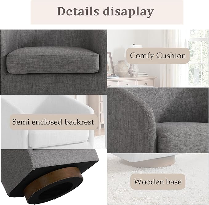 UIXE Swivel Accent Chairs Set of 2, Fabric Upholstered Barrel Chair for Living Room, Comfy Round Armchair Single Sofa Bedroom Reading Seat - 31" W, Gray