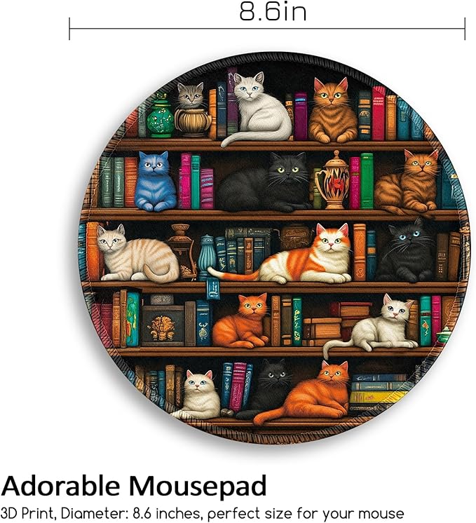 Cats and Bookshelf Mouse Pad, Small Round Mouse Pads for Desk, Mini Travel Mousepad for Wireless Computer Laptop, Office Desk Accessories, 8.6 x 8.6 inch