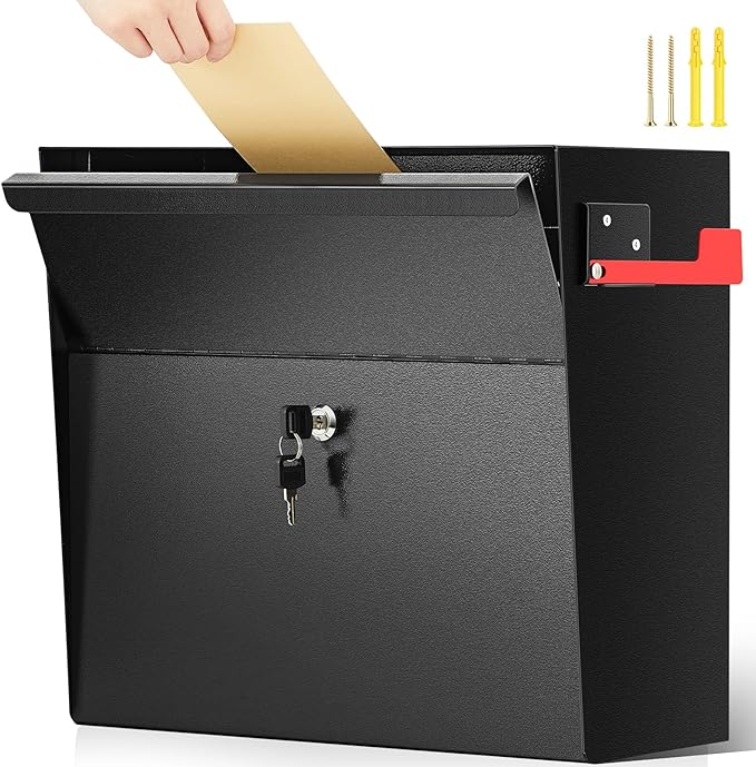 Extra Large Wall Mount Mailboxes for Outside 15.35 x 15 x 7 Inches Locking Security Mail Box Galvanized Steel Wall Mailbox Large Capacity Post Box with Key Lock and Reflective Stickers(Black)