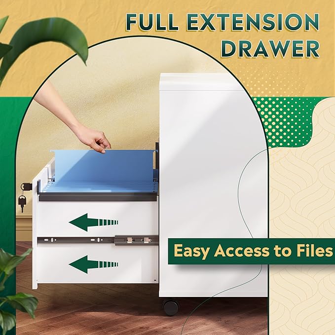 DEVAISE Office File Cabinet with Lock, 1-Drawer Wood Lateral Filing Cabinet on Wheels, Printer Stand with Open Storage Shelves for Home Office, White