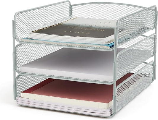Safco Onyx Desktop Organizer, 3-Tier Paper Tray, Durable Steel Mesh Construction,Silver