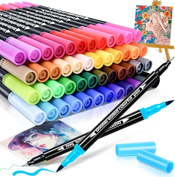 48 Colors Dual Markers Brush Pens, Art Markers Colored Pens for Adult Coloring Books, Brush and Fine Point Dual Tip Artist Colored Marker Set for Drawing Adult Coloring Hand Lettering
