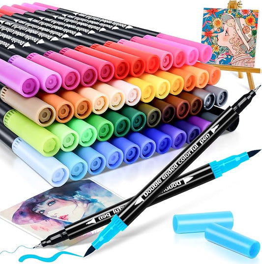 48 Colors Dual Markers Brush Pens, Art Markers Colored Pens for Adult Coloring Books, Brush and Fine Point Dual Tip Artist Colored Marker Set for Drawing Adult Coloring Hand Lettering