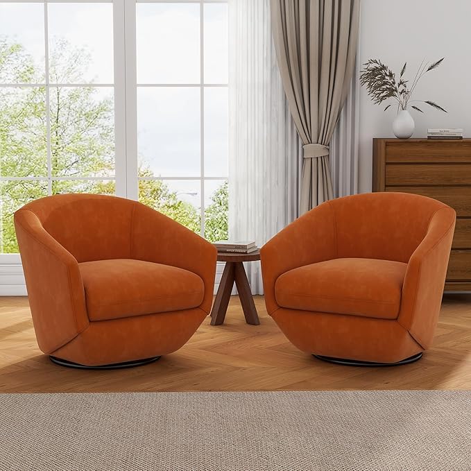 UIXE Velvet Swivel Accent Chairs Set of 2, Barrel Chair Upholstered Club Armchair for Living Room, Comfy Single Sofa Bedroom Side Reading Seat - Orange
