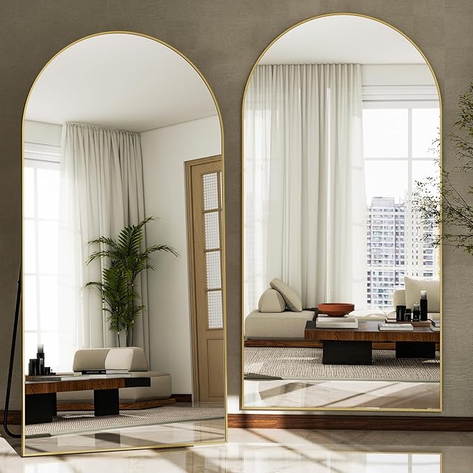 GLSLAND-30x71 inch Wall Mount Arched Full Length Mirror-Aluminum Alloy Frame High Definition-Full Body Mirror for Bedroom or Living Room,Gold