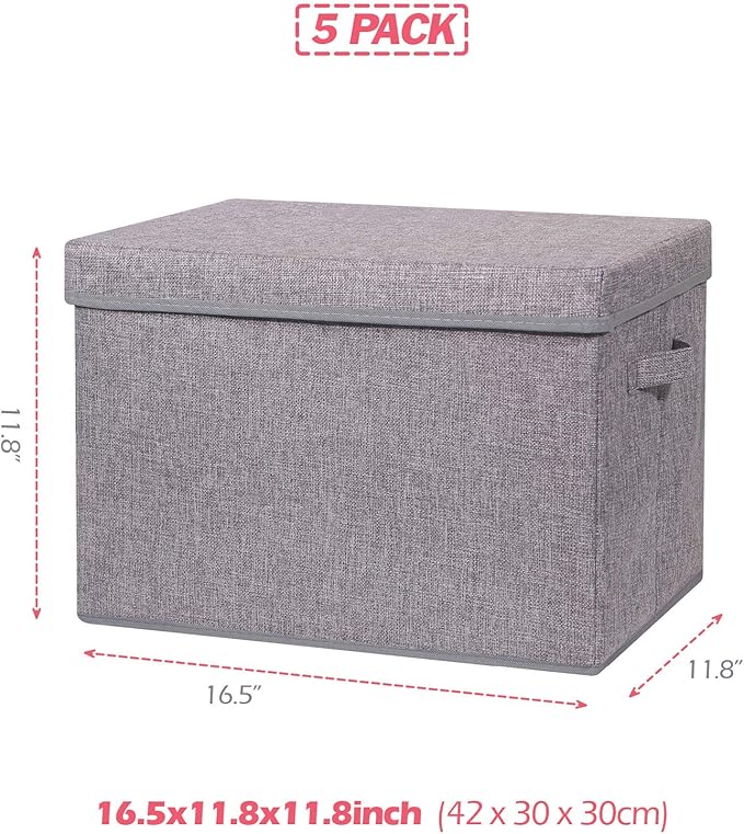 5 Pack Large Foldable Storage Box with Lids Fabric Storage Cube Organizer Cloth Containers Bins Baskets for Closet Clothes Clothing Bed Room