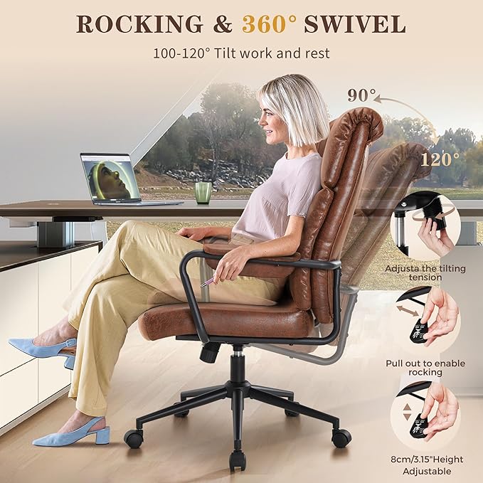 Mid Century Office Chair, Ergonomic Modern Breathable Fabric Home Desk Chair with Lumbar Support, Adjustable Height Swivel Computer Chair for Home Office (Brown)