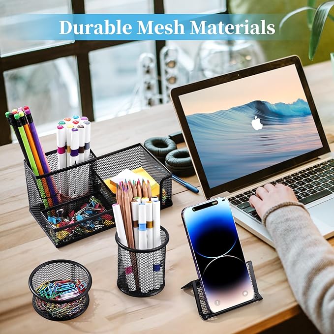 2 Pieces Pen Holder for Desk Mesh Metal Pencil Holders Pen Cup Marker Holder Desk Caddy with Sticky Notes Holder Pen Organizer for Office Supplies Workspace School Home Black
