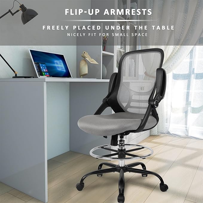 HYLONE Drafting Chair, Tall Office Chair Standing Desk Chair Grey Mesh High-Back Drafting Stool with Flip-Up Arms, Adjustable Foot Ring