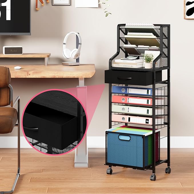 SWTYMIKI 10-Tier Rolling File Cart - Mesh Paper Organizer with Drawer and Hanging File Folders on Lockable Wheels, Wood Teacher Cart for Office Organization, Storage in Home, Studio, School (Black)