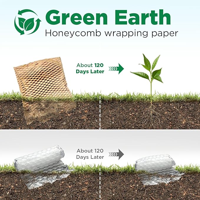 Honeycomb Packing Paper, 12"x150' Brown | Perforated Honeycomb Packing Paper Recyclable Moving Supplies for Shipping & Moving | Plastic-Free Alternative to Bubble Cushion Wrap with 36 Fragile Stickers