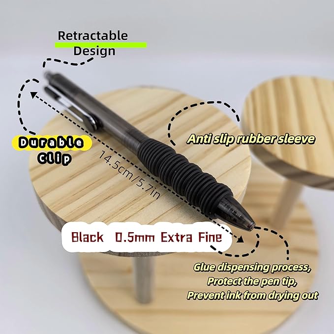 Fengtaiyuan Black Ink, 0.5mm, Retractable Gel Ink Rollerball Pens, Extra Fine, Comfortable Grip, Easy Hold, Writting Smooth, 12 Pack (BlackZS05P12)