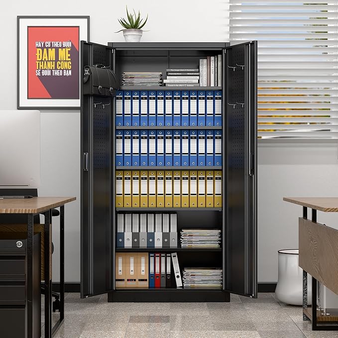 Aobabo Upgraded 71" H×34" W×18" D Metal Garage Storage Cabinet with Pegboards, Lockable Steel Cabinet with 5 Adjustable Shelves and 4 Hooks for Garage, Home, Office, Black,Assembly Required