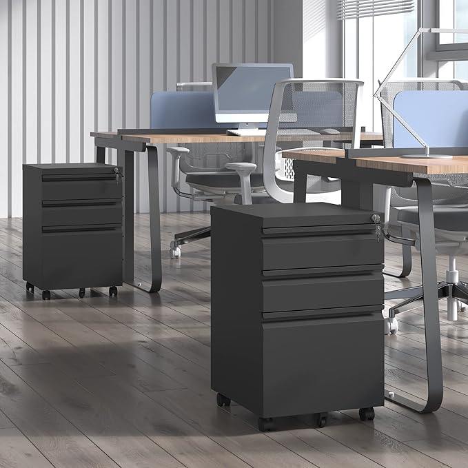 3 Drawer Mobile File Cabinet, Metal Under Desk Filing Cabinet with Lock and Wheels, Home Office Rolling File Cabinet for Legal/Letter Hanging File Folders, Fully Assembled (Black)