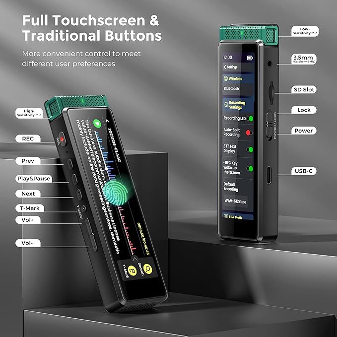 136GB Digital Voice Recorder with Playback, Innioasis R1 Full Touchscreen Voice Recorder with AI Intelligent Transcription and Bluetooth, Voice Activated Sound Audio Recorder Device with Mic (Green)