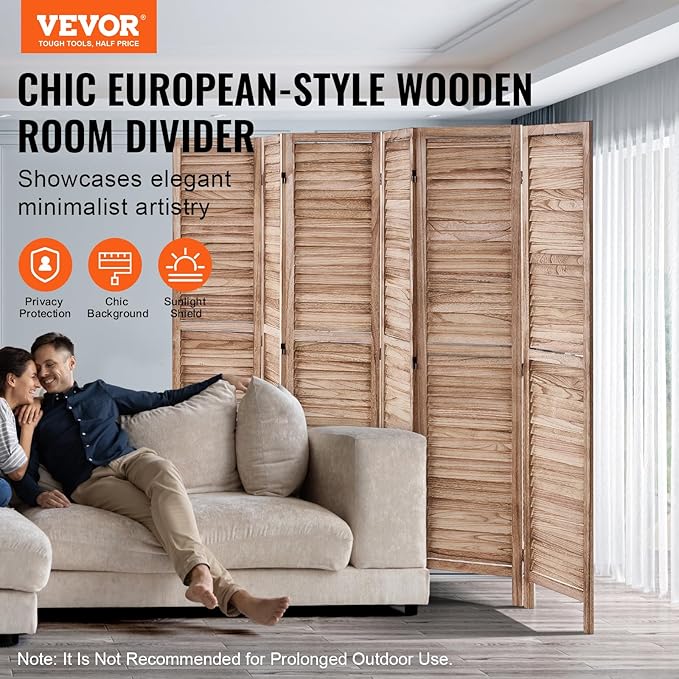 VEVOR Wood Room Divider, 6 Panel Wood Folding Privacy Screen, 66.9 Inches Tall Indoor Louvered Partition Divider, Portable Decoration Screen, for Room Separation, Home, Office, Restaurant & Bedroom