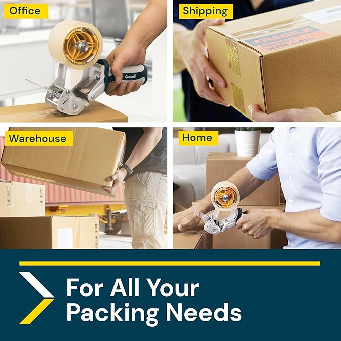 Excell Anti-Backflow Metal Packaging Tape Dispenser (2" Wide) with 2 Roll Tapes: Ideal for Packaging, Transportation, Moving, and Box Sealing. Includes Tape Gun and Two Tapes