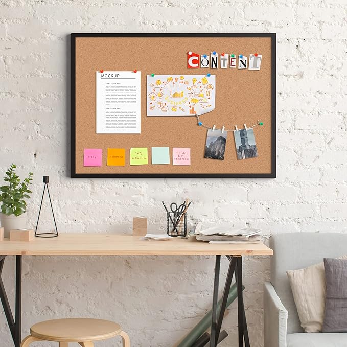 Board2by Cork Board Bulletin Board 20“ x 30”, Black Wood Framed Corkboard, Office Board for Wall Cork, Large Wall Mounted Notice Pin Board with 16 Push Pins for School, Home & Office