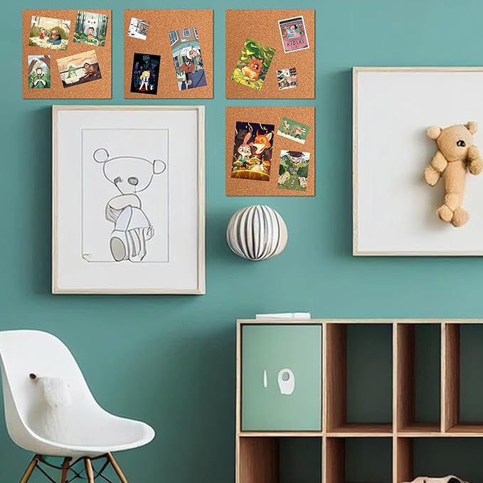 SUNGIFT Cork Boards for Walls - 12" x 12" Corkboard Squares, 1/2" Thick Cork Board Tiles, 6 Pack Wall Bulletin Board with 50 Push Pins for Office, Home Decor