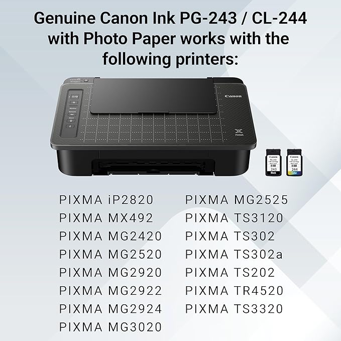 Canon PG-243 / CL-244 Genuine Ink Value Pack (2 Cartridges), Compatible with iP2820, MX492, MG2420/2520/2920/2922/2924/3020/2522/2525, TS3120/302/302a/202/4520/3320