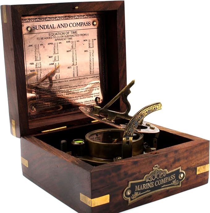 HanVintage Marine WEST London Antique 2.5" Brass Sundial Compass – Nautical Decor, Vintage Big Brass Triangle Sundial with Adjustable Screw Legs, Maritime Gift