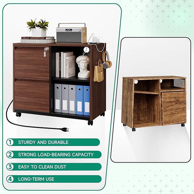 Letaya Mobile 2 Drawer File Cabinet with Lock, Metal Lateral Printer Stand Filing Storage Cabinets with Shelves for Home Office-A4/F4/Letter (Charging Socket)