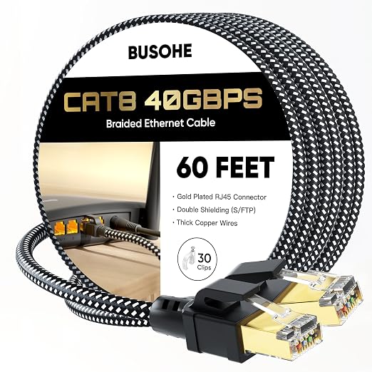 BUSOHE Cat 8 Ethernet Cable 60 FT, High Speed 40Gbps 2000Mhz Braided Network by BUSOHE
