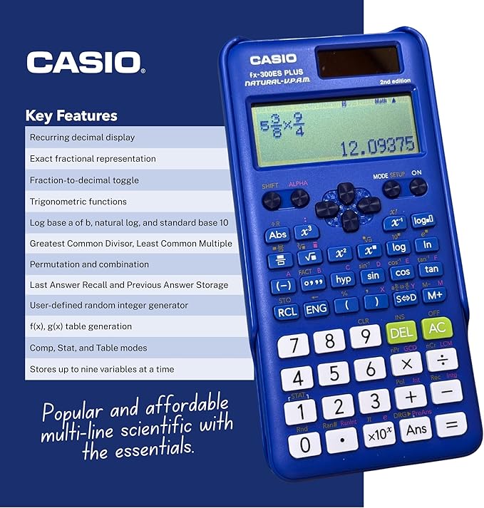 Casio fx-300ES Plus 2nd Edition – Standard Scientific Calculator | 262 Functions, Natural Textbook Display℠ | Ideal for Middle School, High School Math, Statistics & Algebra | Blue (Pack of 2)