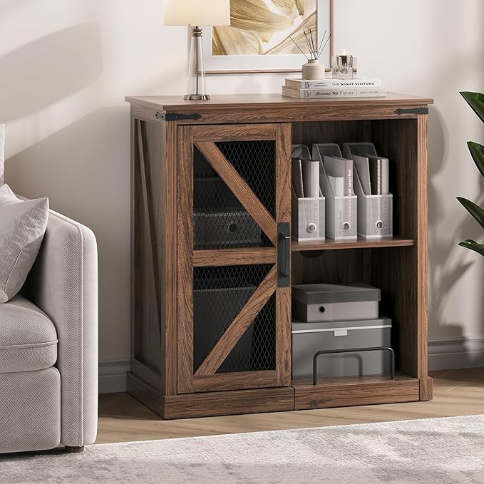 Printer Stand with Storage,File Cabinet with Socket and USB Charging Port,Farmhouse Paper Shredder Stand Rack with Slide-Out Shelf,Walnut