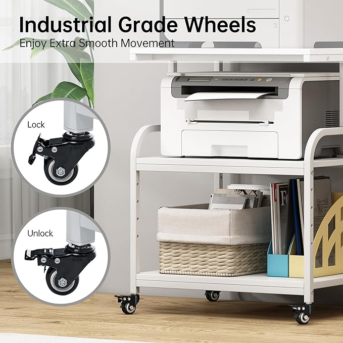 White Printer Stand, 23.6 x18.9 x 30 Inches Big Size Printer Table with Adjustable Shelf, 3 Tier Rolling Printer Cart with Wheels for Home Office Storage and Organization